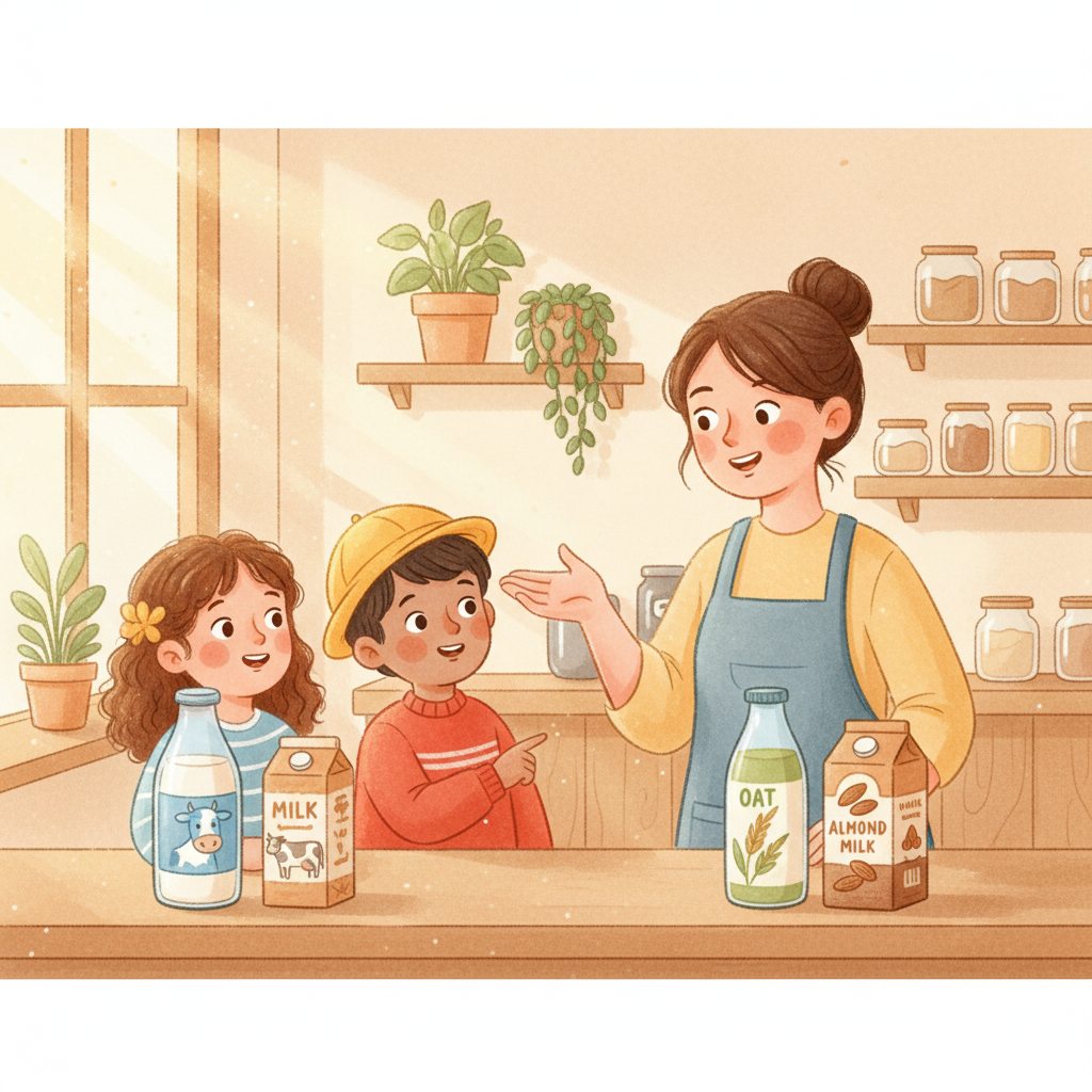 Illustration for: Would you like regular milk or a dairy-free option like oat or almond milk?